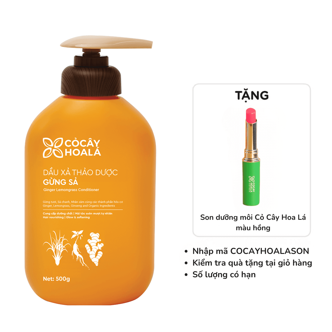 [Có quà tặng] Dầu Xả Thảo Dược Gừng Sả Cỏ Cây Hoa Lá (Chai 500 gram) Tặng 1 Son Dưỡng Môi Cỏ Cây Hoa Lá Hồng